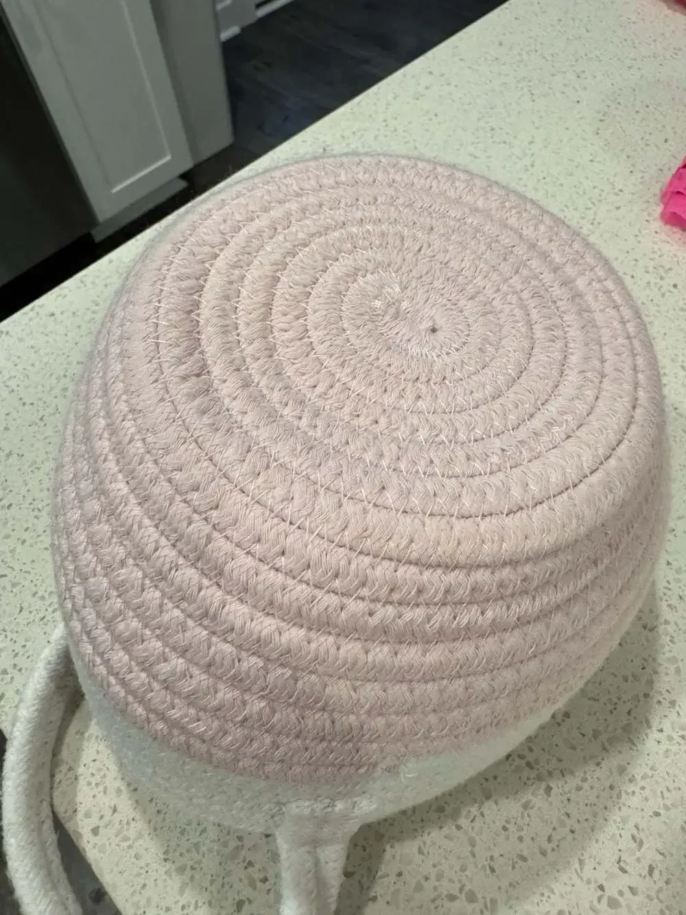 Pink and White Cotton Rope Woven Storage Basket with Handle